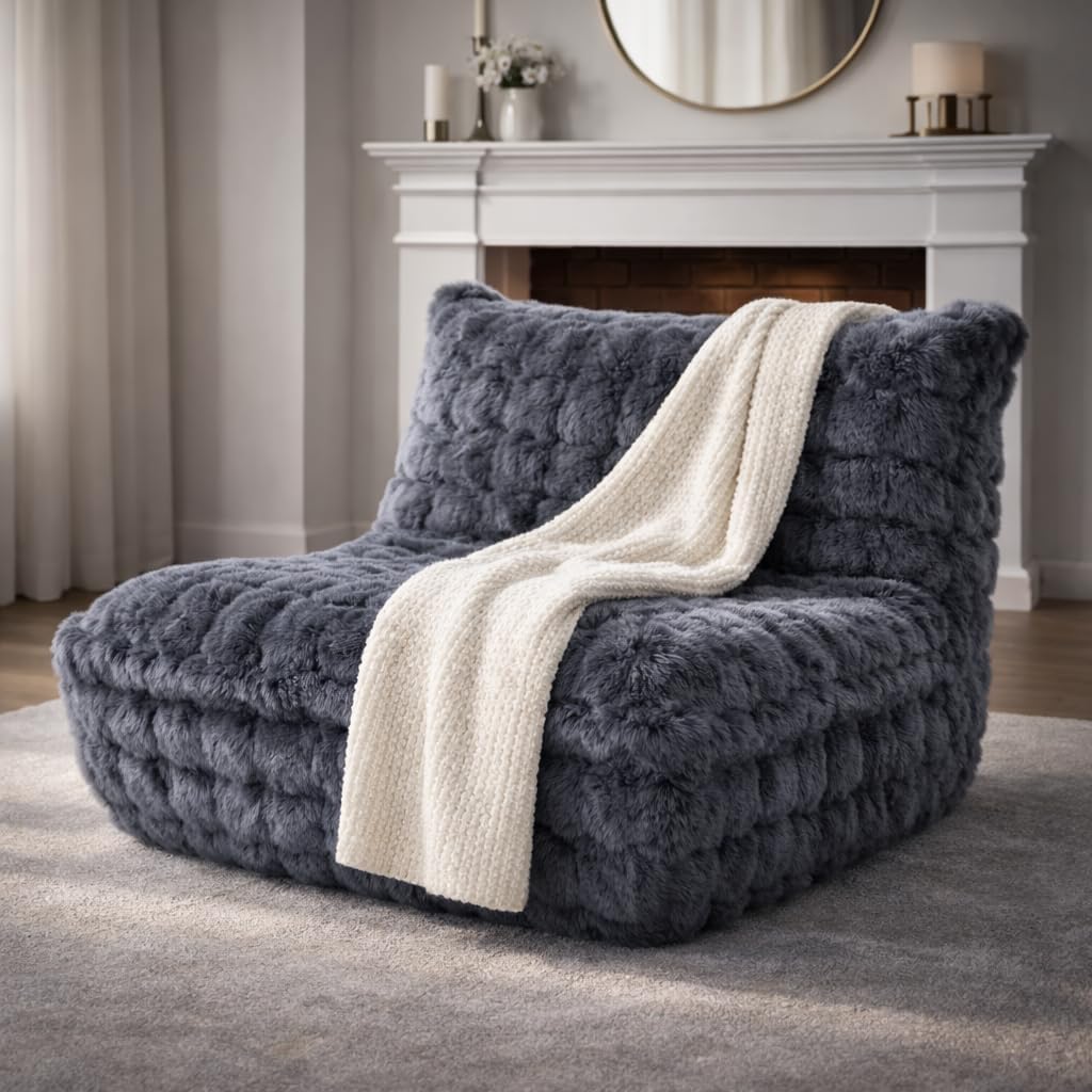 Bean Bag Chairs with Filler Faux Fur Fireside Beanbags Lazy Sofa for Memory Foam BeanBag Chair Bean Bag Sofa for Bedroom, Living Room, Office and Home (Dark Grey)
