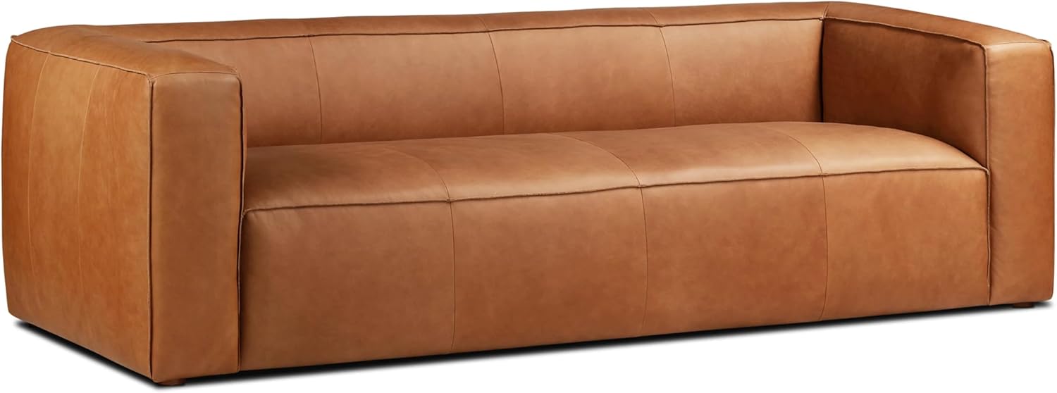 POLY & BARK Argan 93” Leather Sofa – Full-Grain Italian Aniline Leather, Feather-Down Comfort, Solid Wood Frame – Cognac Tan