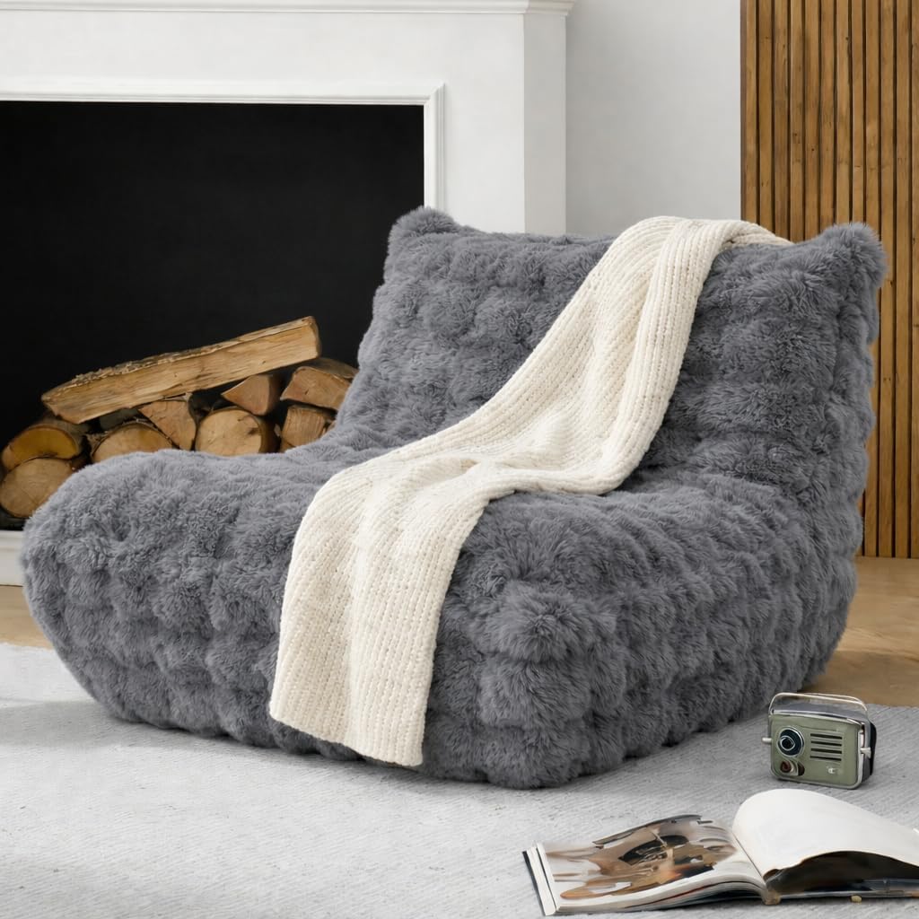 Bean Bag Chairs with Filler Faux Fur Fireside Beanbags Lazy Sofa for Memory Foam BeanBag Chair Bean Bag Sofa for Bedroom, Living Room, Office and Home (Dark Grey)
