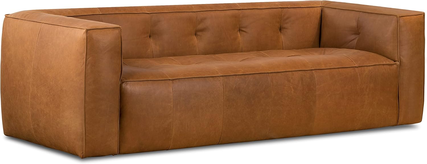 POLY & BARK Argan 93” Leather Sofa – Full-Grain Italian Aniline Leather, Feather-Down Comfort, Solid Wood Frame – Cognac Tan