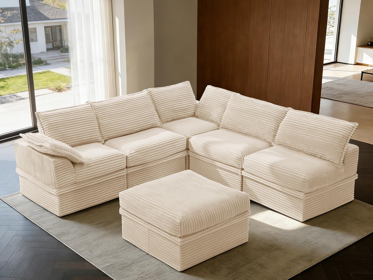 142” Oversized Modular Sectional Sofa with Storage, Extra Deep&High Seat Corduroy Cloud Couch, 5 Seater Convertible U Shaped Couch with Ottoman, Tool-Free Assembly Sectional Couches for Living Room