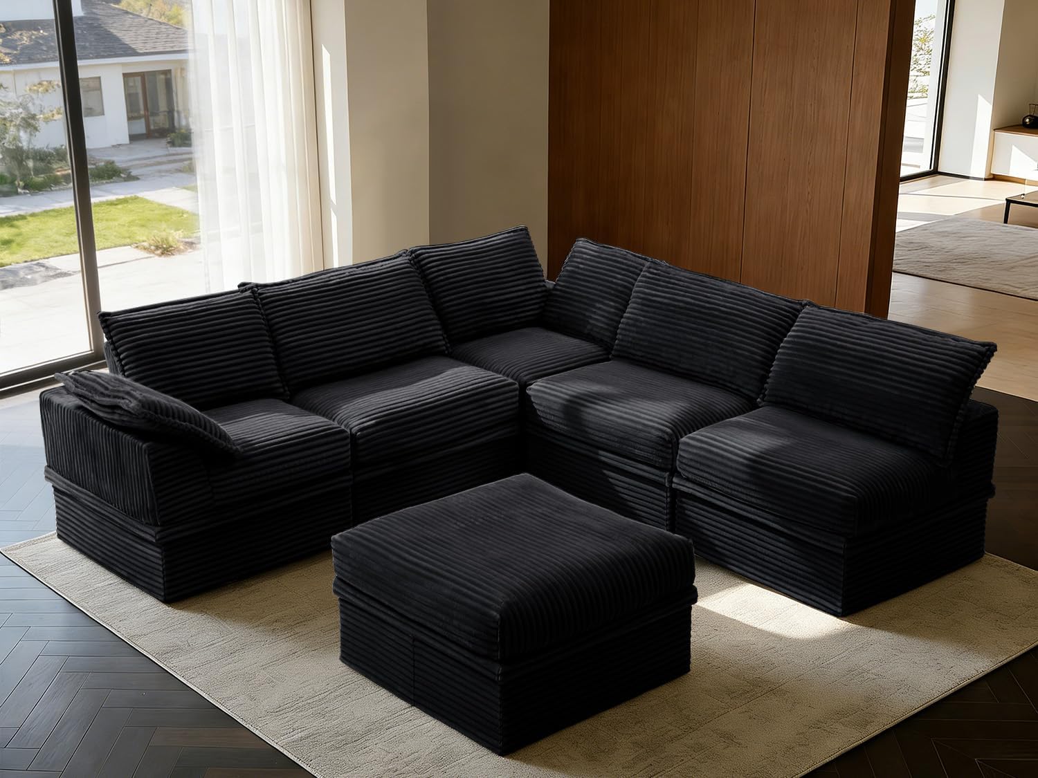 142” Oversized Modular Sectional Sofa with Storage, Extra Deep&High Seat Corduroy Cloud Couch, 5 Seater Convertible U Shaped Couch with Ottoman, Tool-Free Assembly Sectional Couches for Living Room