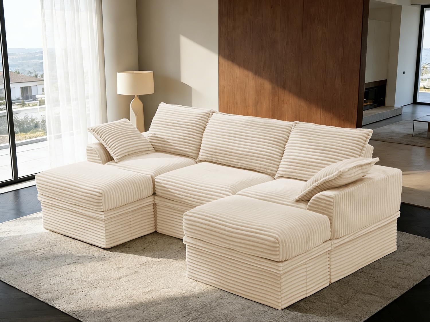142” Oversized Modular Sectional Sofa with Storage, Extra Deep&High Seat Corduroy Cloud Couch, 5 Seater Convertible U Shaped Couch with Ottoman, Tool-Free Assembly Sectional Couches for Living Room