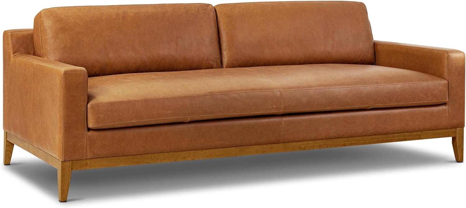 POLY & BARK Argan 93” Leather Sofa – Full-Grain Italian Aniline Leather, Feather-Down Comfort, Solid Wood Frame – Cognac Tan