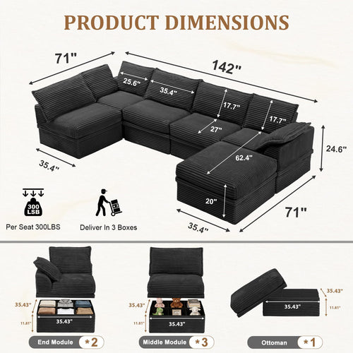 142” Oversized Modular Sectional Sofa with Storage, Extra Deep&High Seat Corduroy Cloud Couch, 5 Seater Convertible U Shaped Couch with Ottoman, Tool-Free Assembly Sectional Couches for Living Room