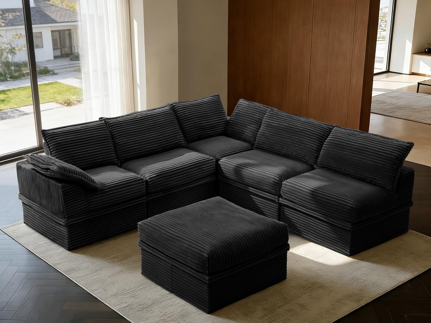 142” Oversized Modular Sectional Sofa with Storage, Extra Deep&High Seat Corduroy Cloud Couch, 5 Seater Convertible U Shaped Couch with Ottoman, Tool-Free Assembly Sectional Couches for Living Room