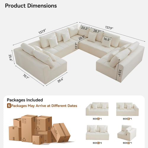 140''Modular Sectional Couches for Living Room, Cloud Boneless Compressed Sectional Sofa, Oversized U Shaped 9 Seater Upholstered Memory Foam Sofa, No Assembly, Chenille Beige