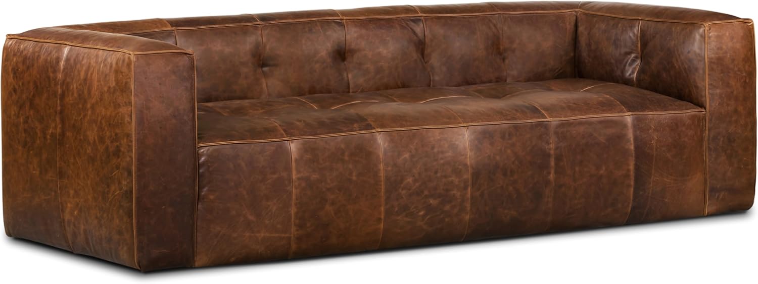 POLY & BARK Argan 93” Leather Sofa – Full-Grain Italian Aniline Leather, Feather-Down Comfort, Solid Wood Frame – Cognac Tan