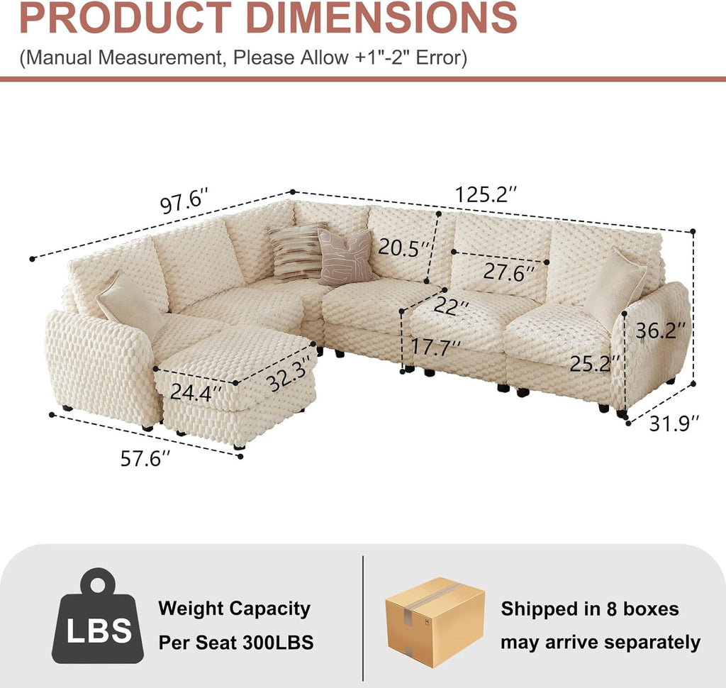 Sectional Sofa Couch,Cloud Couch for Living Room,Modular Sectional Sofa with USB Charging Port,Convertible L Shaped with Storable and Movable Ottoman.（6seat+1 Ottoman-Beige White）