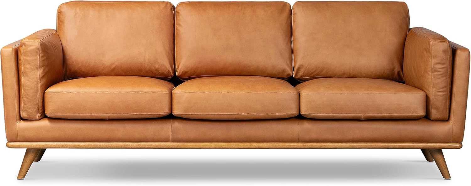 POLY & BARK Argan 93” Leather Sofa – Full-Grain Italian Aniline Leather, Feather-Down Comfort, Solid Wood Frame – Cognac Tan