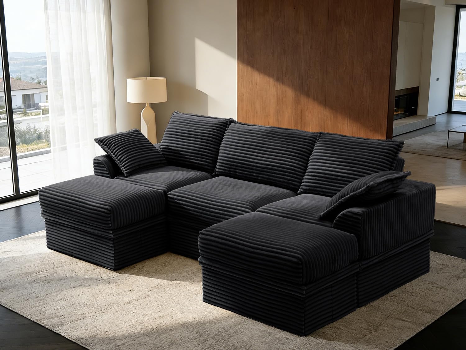 142” Oversized Modular Sectional Sofa with Storage, Extra Deep&High Seat Corduroy Cloud Couch, 5 Seater Convertible U Shaped Couch with Ottoman, Tool-Free Assembly Sectional Couches for Living Room