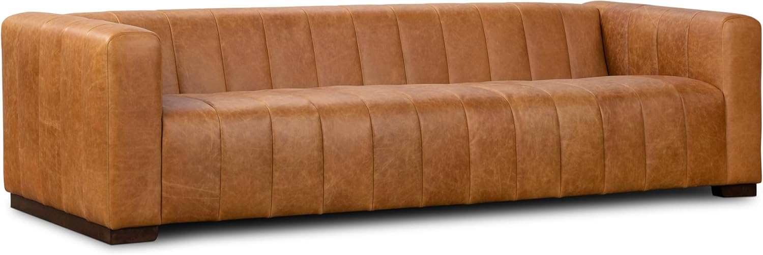 POLY & BARK Argan 93” Leather Sofa – Full-Grain Italian Aniline Leather, Feather-Down Comfort, Solid Wood Frame – Cognac Tan
