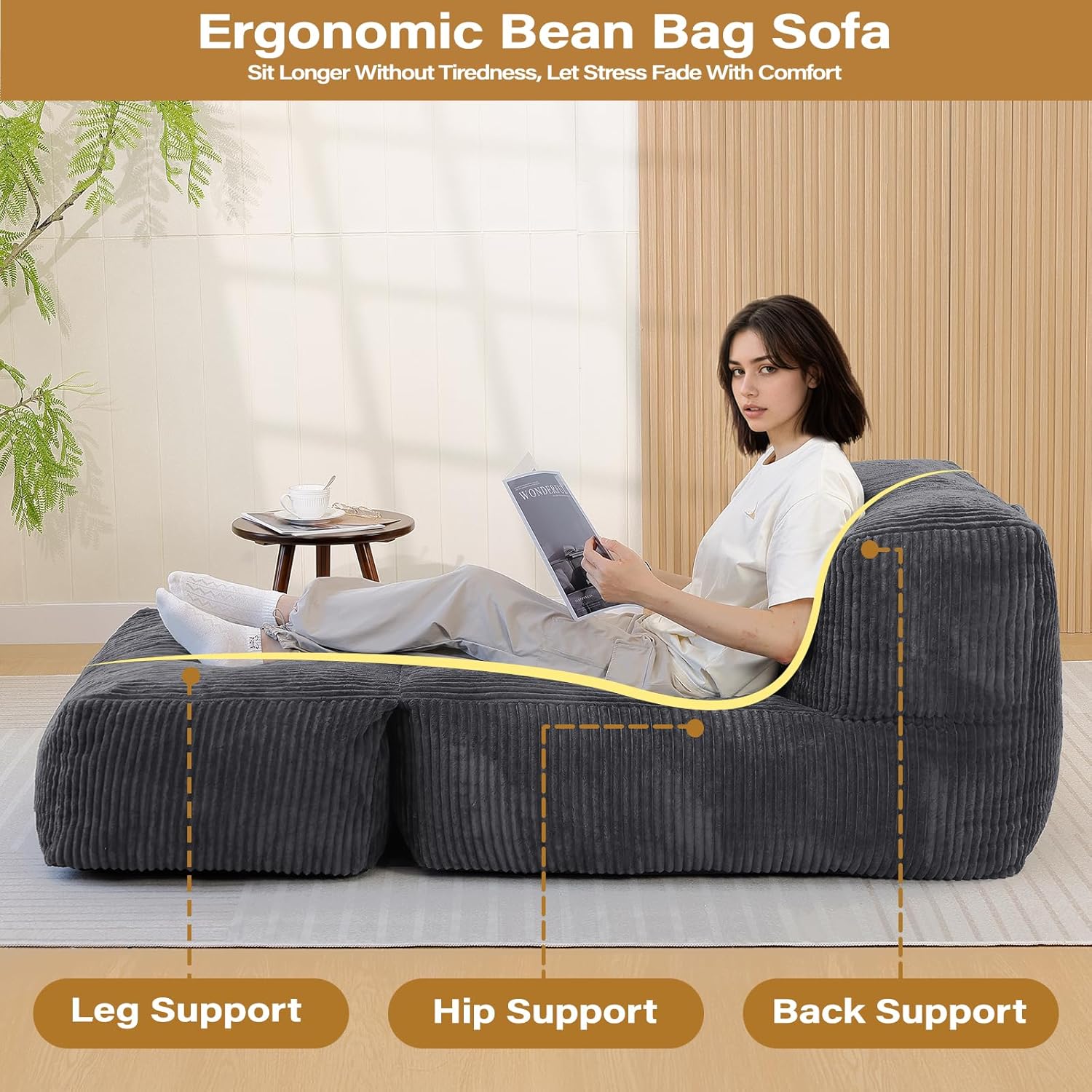 Big Bean Bag Chair for Adults, 66.9"x31.5" Lounger Large Bean Bag Sofa, Memory Foam Filled Beanbag Chair for Living Room, Bedroom, Balcony - Ergonomic Support & Premium Comfort (Darkgrey)