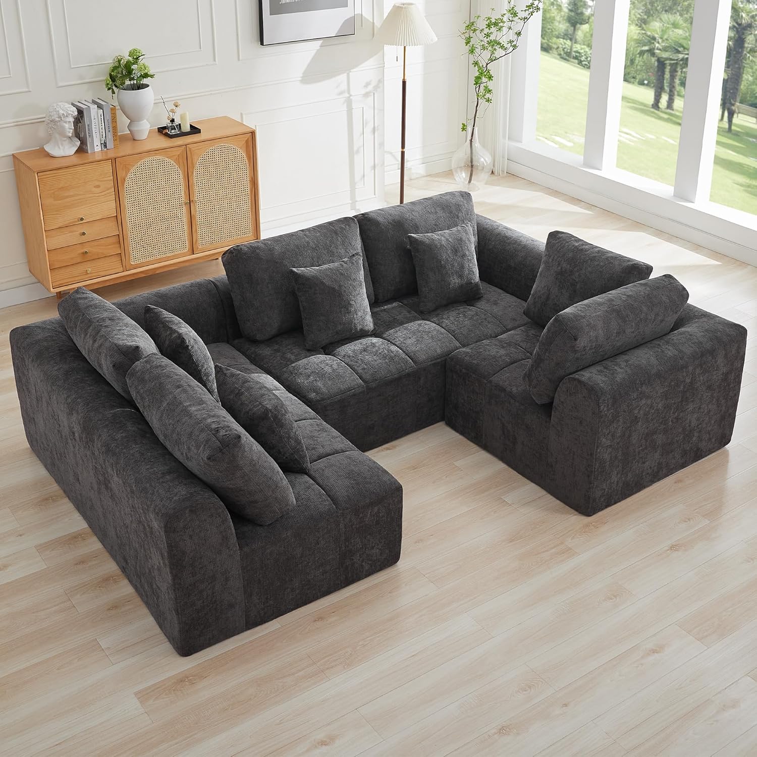 140''Modular Sectional Couches for Living Room, Cloud Boneless Compressed Sectional Sofa, Oversized U Shaped 9 Seater Upholstered Memory Foam Sofa, No Assembly, Chenille Beige