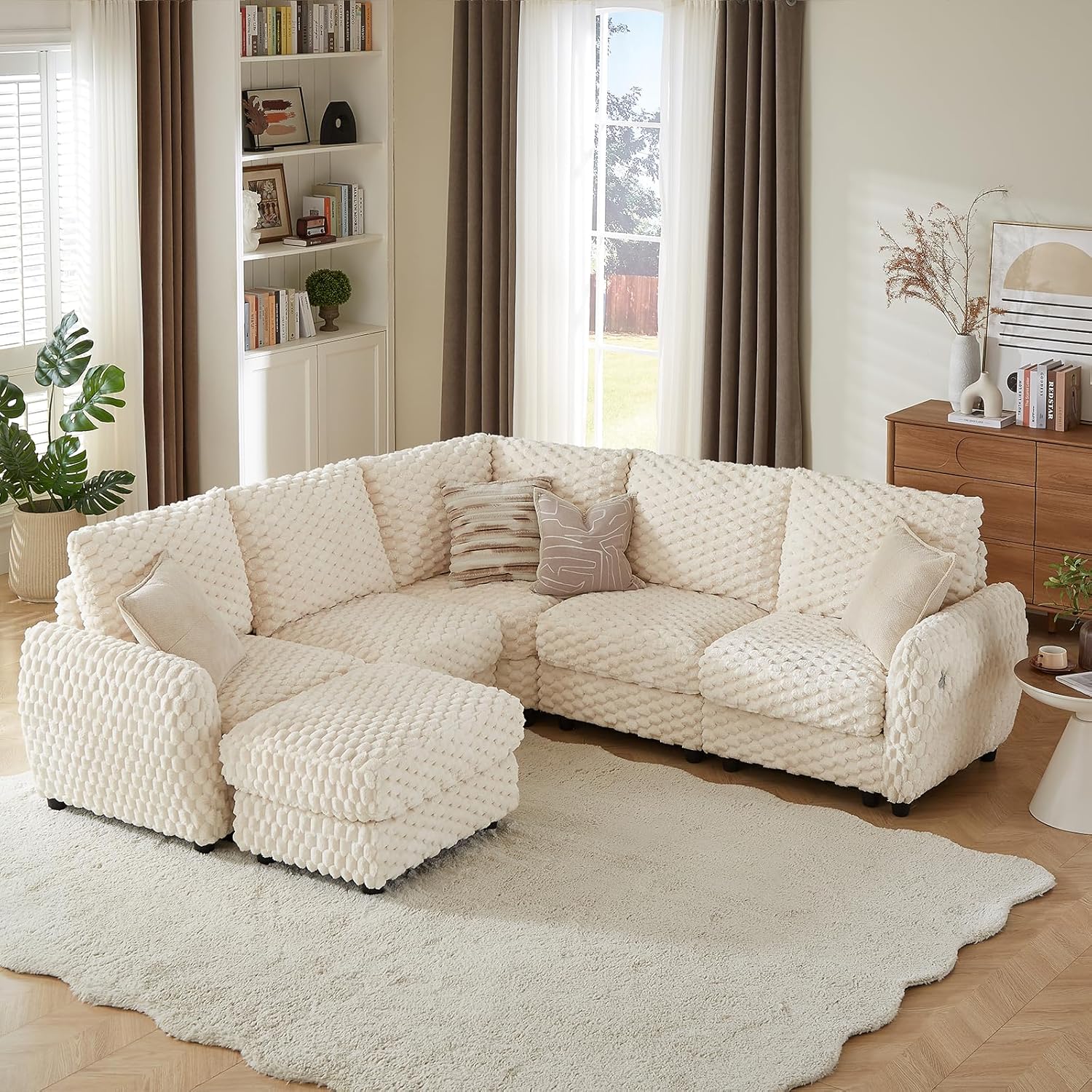 Sectional Sofa Couch,Cloud Couch for Living Room,Modular Sectional Sofa with USB Charging Port,Convertible L Shaped with Storable and Movable Ottoman.（6seat+1 Ottoman-Beige White）