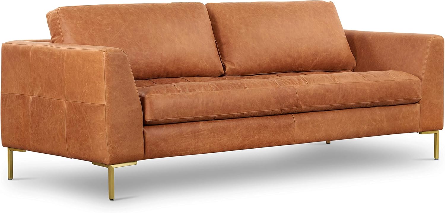 POLY & BARK Argan 93” Leather Sofa – Full-Grain Italian Aniline Leather, Feather-Down Comfort, Solid Wood Frame – Cognac Tan