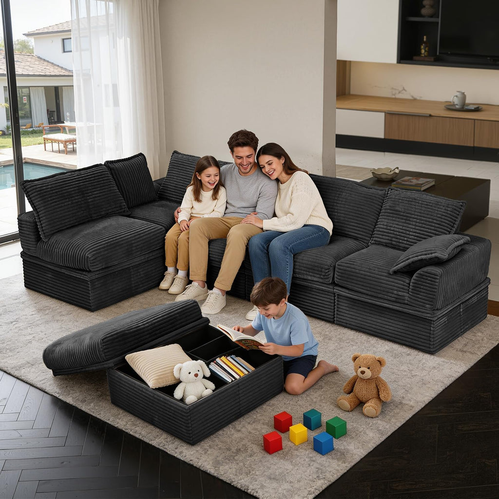 142” Oversized Modular Sectional Sofa with Storage, Extra Deep&High Seat Corduroy Cloud Couch, 5 Seater Convertible U Shaped Couch with Ottoman, Tool-Free Assembly Sectional Couches for Living Room