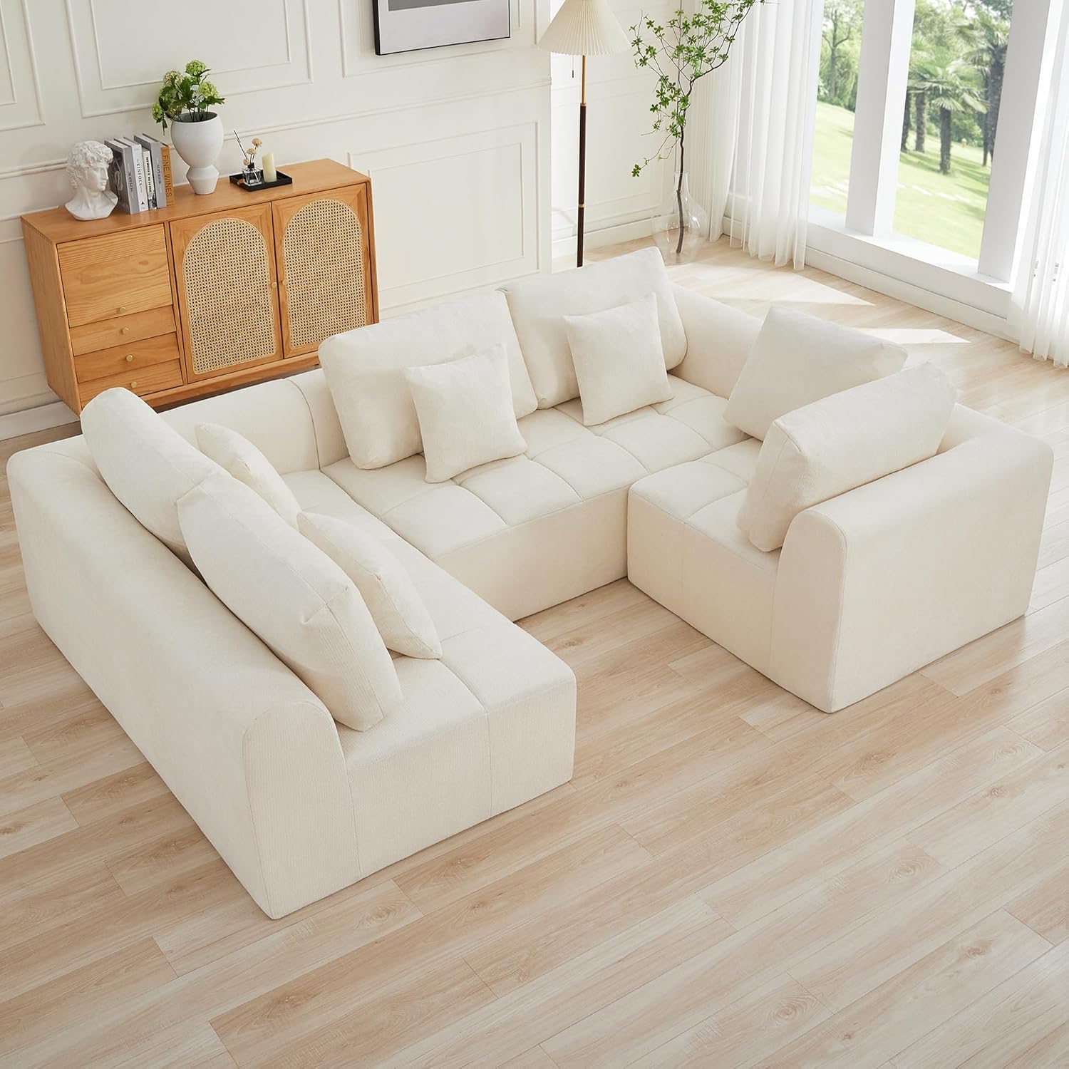 140''Modular Sectional Couches for Living Room, Cloud Boneless Compressed Sectional Sofa, Oversized U Shaped 9 Seater Upholstered Memory Foam Sofa, No Assembly, Chenille Beige