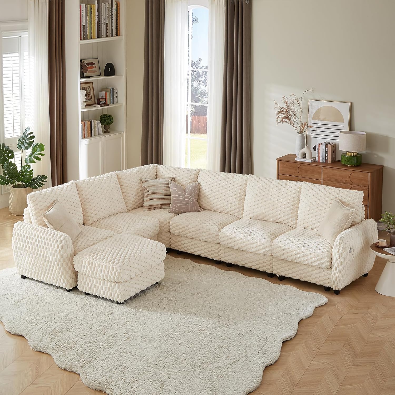Sectional Sofa Couch,Cloud Couch for Living Room,Modular Sectional Sofa with USB Charging Port,Convertible L Shaped with Storable and Movable Ottoman.（6seat+1 Ottoman-Beige White）