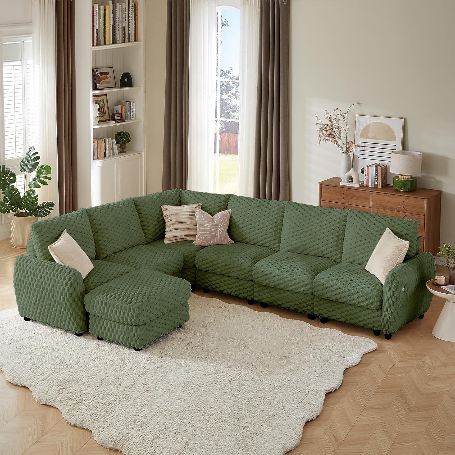 Sectional Sofa Couch,Cloud Couch for Living Room,Modular Sectional Sofa with USB Charging Port,Convertible L Shaped with Storable and Movable Ottoman.（6seat+1 Ottoman-Beige White）
