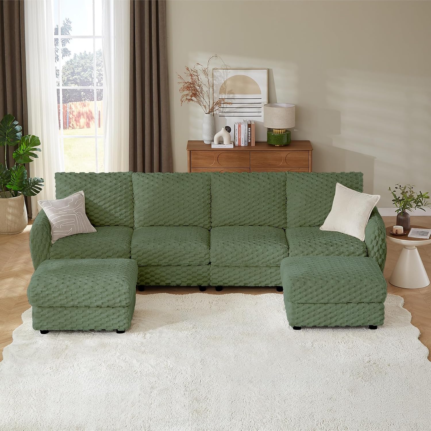 Sectional Sofa Couch,Cloud Couch for Living Room,Modular Sectional Sofa with USB Charging Port,Convertible L Shaped with Storable and Movable Ottoman.（6seat+1 Ottoman-Beige White）