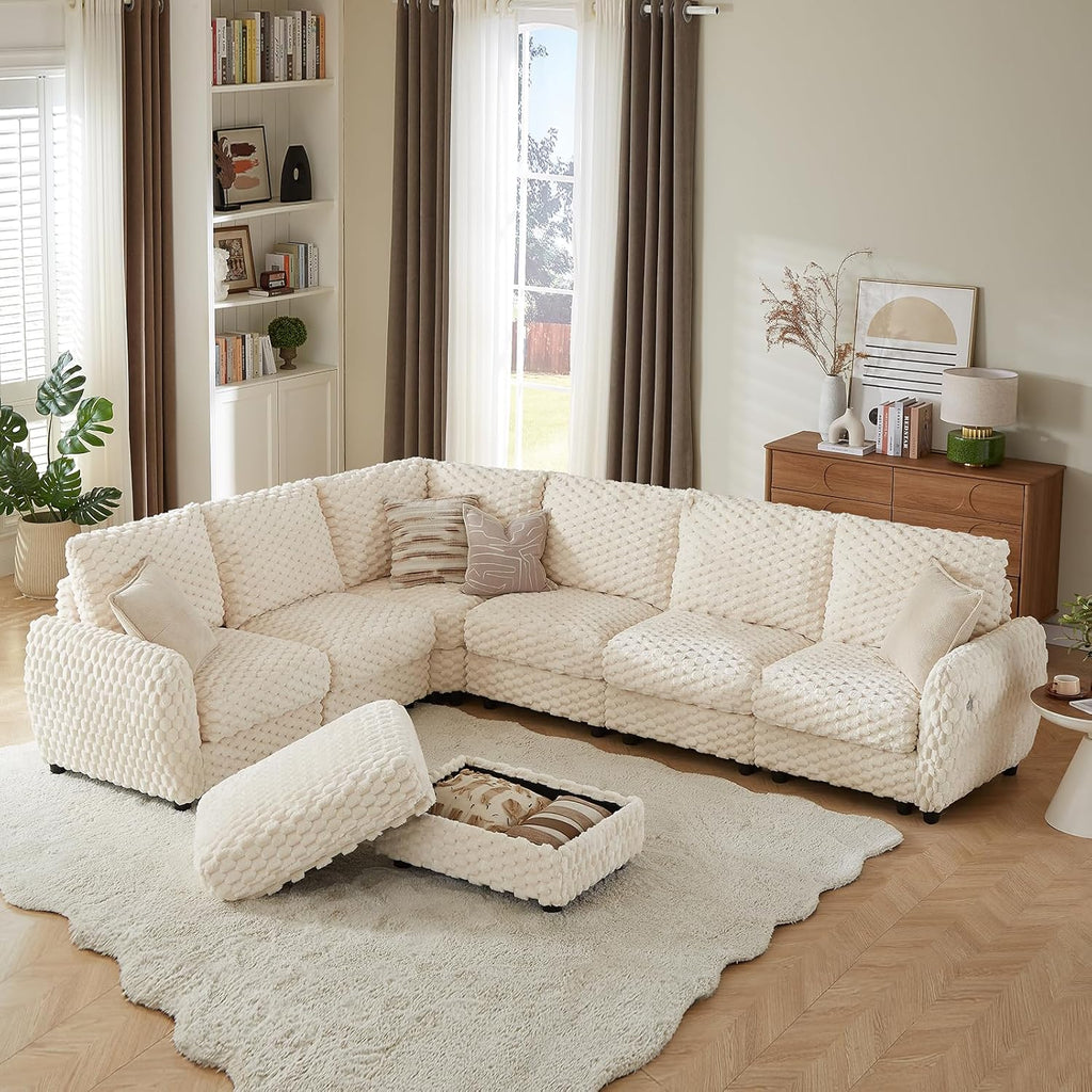 Sectional Sofa Couch,Cloud Couch for Living Room,Modular Sectional Sofa with USB Charging Port,Convertible L Shaped with Storable and Movable Ottoman.（6seat+1 Ottoman-Beige White）