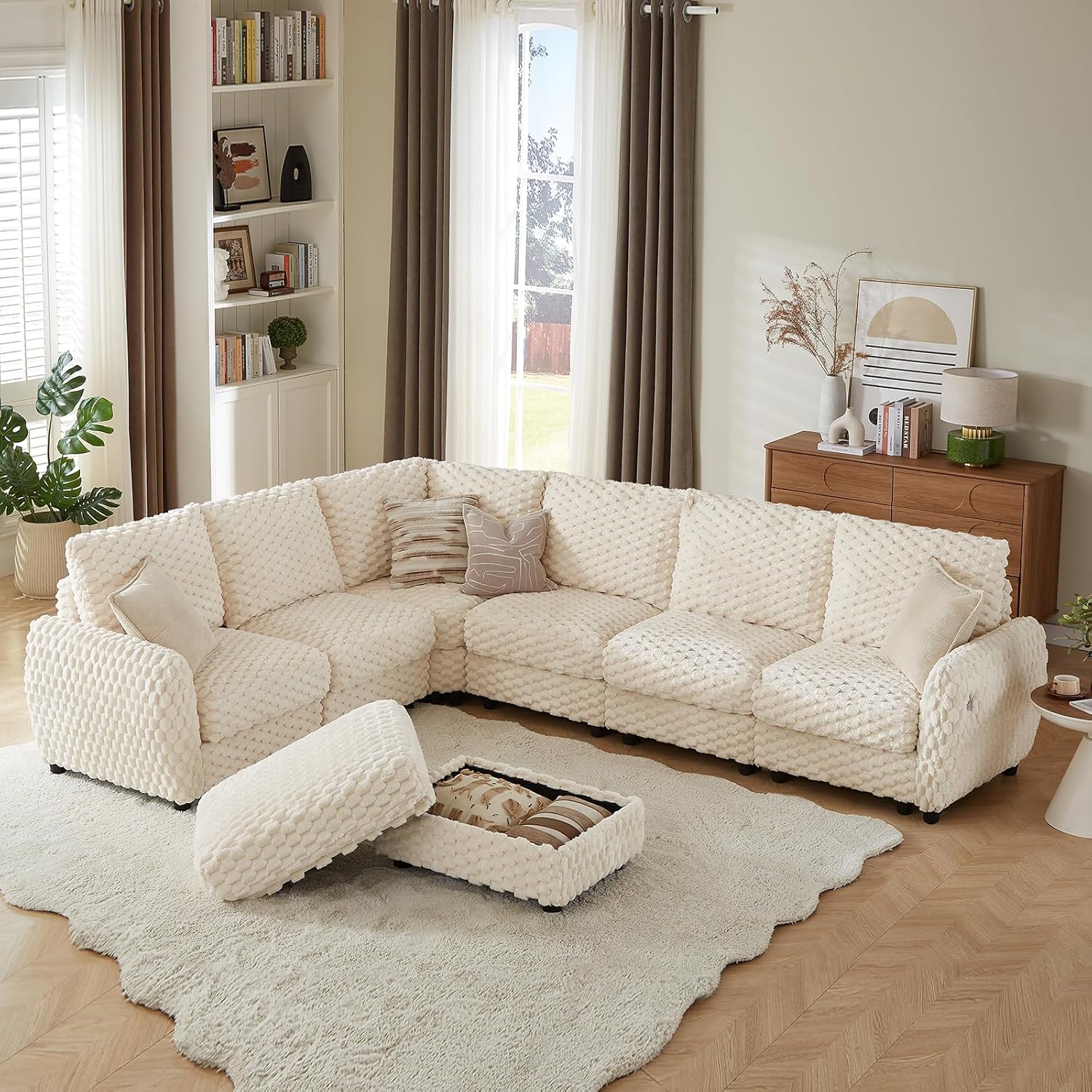Sectional Sofa Couch,Cloud Couch for Living Room,Modular Sectional Sofa with USB Charging Port,Convertible L Shaped with Storable and Movable Ottoman.（6seat+1 Ottoman-Beige White）