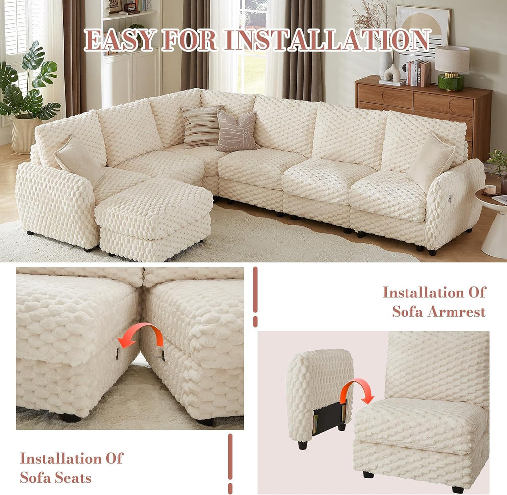 Sectional Sofa Couch,Cloud Couch for Living Room,Modular Sectional Sofa with USB Charging Port,Convertible L Shaped with Storable and Movable Ottoman.（6seat+1 Ottoman-Beige White）