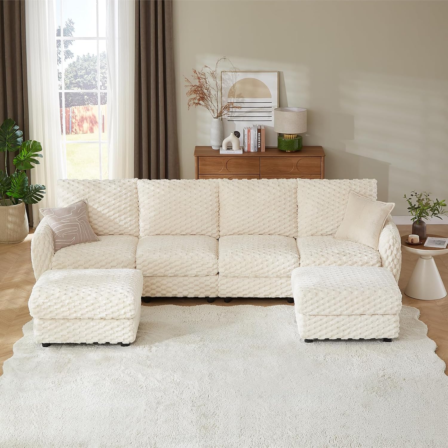 Sectional Sofa Couch,Cloud Couch for Living Room,Modular Sectional Sofa with USB Charging Port,Convertible L Shaped with Storable and Movable Ottoman.（6seat+1 Ottoman-Beige White）