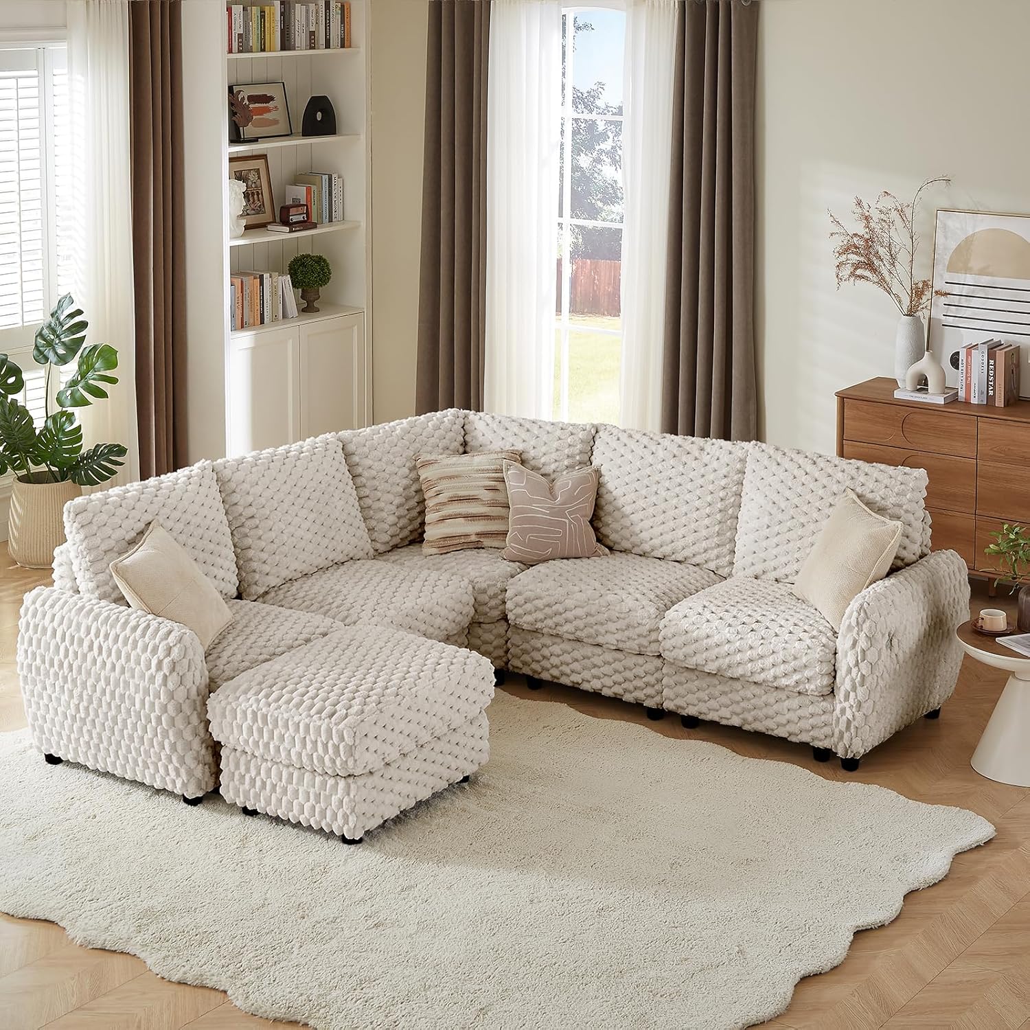 Sectional Sofa Couch,Cloud Couch for Living Room,Modular Sectional Sofa with USB Charging Port,Convertible L Shaped with Storable and Movable Ottoman.（6seat+1 Ottoman-Beige White）