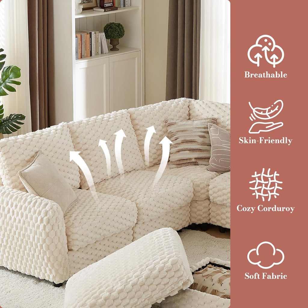 Sectional Sofa Couch,Cloud Couch for Living Room,Modular Sectional Sofa with USB Charging Port,Convertible L Shaped with Storable and Movable Ottoman.（6seat+1 Ottoman-Beige White）
