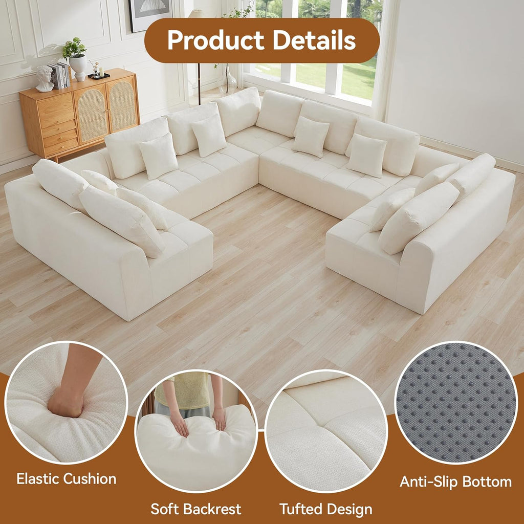 140''Modular Sectional Couches for Living Room, Cloud Boneless Compressed Sectional Sofa, Oversized U Shaped 9 Seater Upholstered Memory Foam Sofa, No Assembly, Chenille Beige