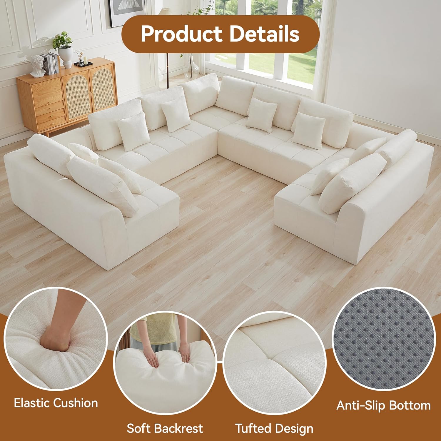 140''Modular Sectional Couches for Living Room, Cloud Boneless Compressed Sectional Sofa, Oversized U Shaped 9 Seater Upholstered Memory Foam Sofa, No Assembly, Chenille Beige