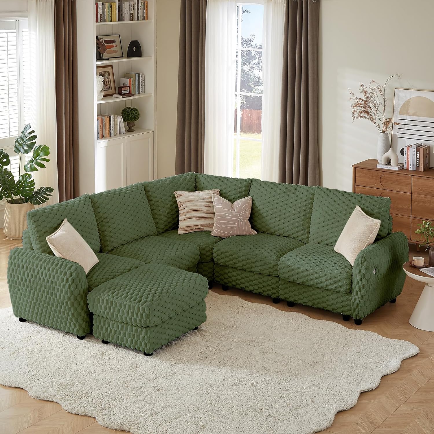 Sectional Sofa Couch,Cloud Couch for Living Room,Modular Sectional Sofa with USB Charging Port,Convertible L Shaped with Storable and Movable Ottoman.（6seat+1 Ottoman-Beige White）