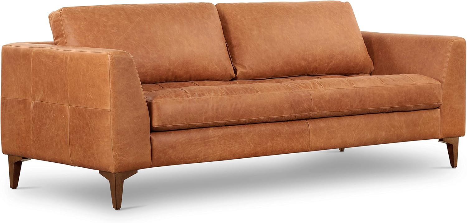 POLY & BARK Argan 93” Leather Sofa – Full-Grain Italian Aniline Leather, Feather-Down Comfort, Solid Wood Frame – Cognac Tan