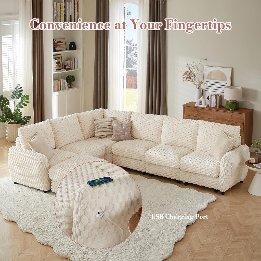 Sectional Sofa Couch,Cloud Couch for Living Room,Modular Sectional Sofa with USB Charging Port,Convertible L Shaped with Storable and Movable Ottoman.（6seat+1 Ottoman-Beige White）