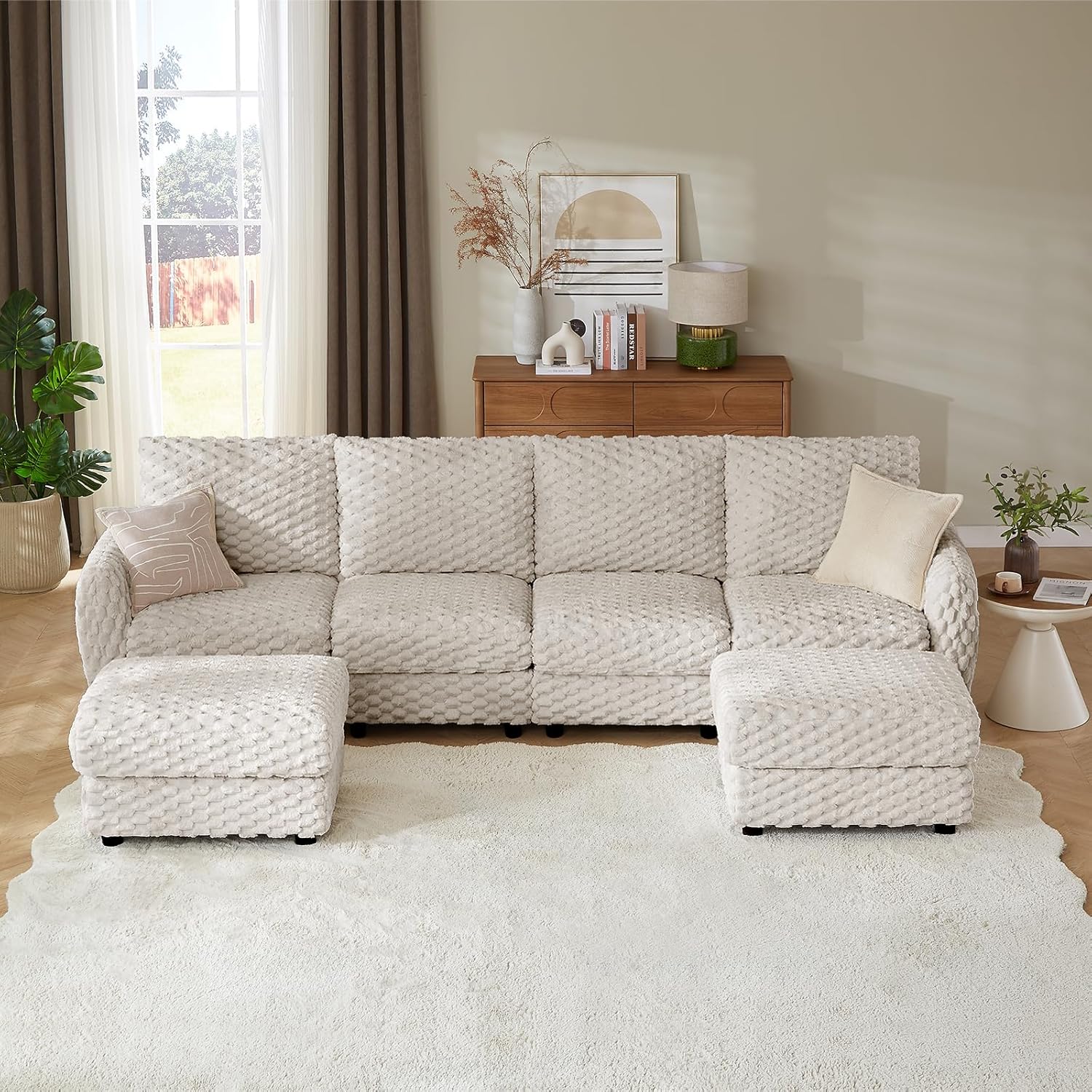 Sectional Sofa Couch,Cloud Couch for Living Room,Modular Sectional Sofa with USB Charging Port,Convertible L Shaped with Storable and Movable Ottoman.（6seat+1 Ottoman-Beige White）