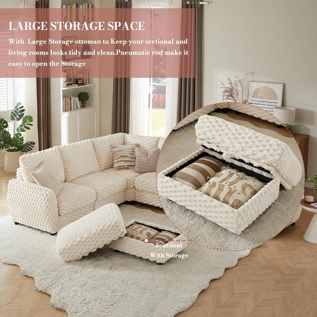 Sectional Sofa Couch,Cloud Couch for Living Room,Modular Sectional Sofa with USB Charging Port,Convertible L Shaped with Storable and Movable Ottoman.（6seat+1 Ottoman-Beige White）