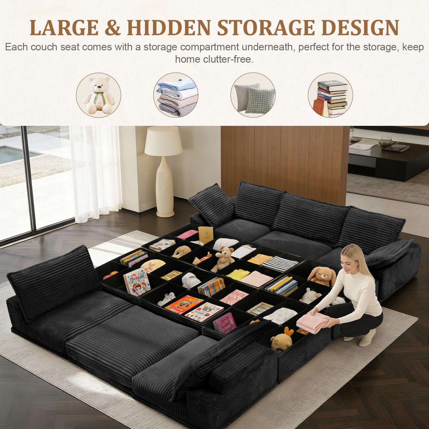 142” Oversized Modular Sectional Sofa with Storage, Extra Deep&High Seat Corduroy Cloud Couch, 5 Seater Convertible U Shaped Couch with Ottoman, Tool-Free Assembly Sectional Couches for Living Room