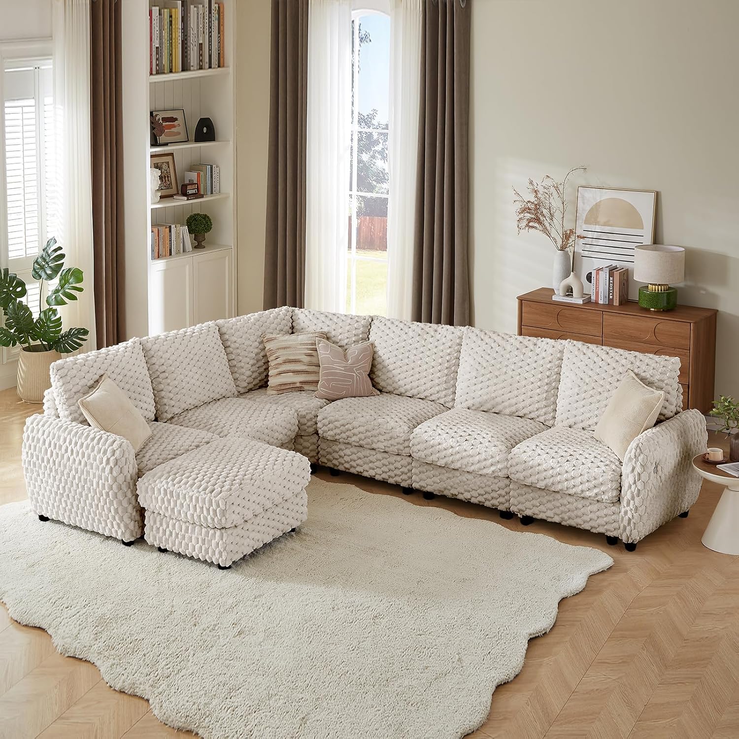 Sectional Sofa Couch,Cloud Couch for Living Room,Modular Sectional Sofa with USB Charging Port,Convertible L Shaped with Storable and Movable Ottoman.（6seat+1 Ottoman-Beige White）