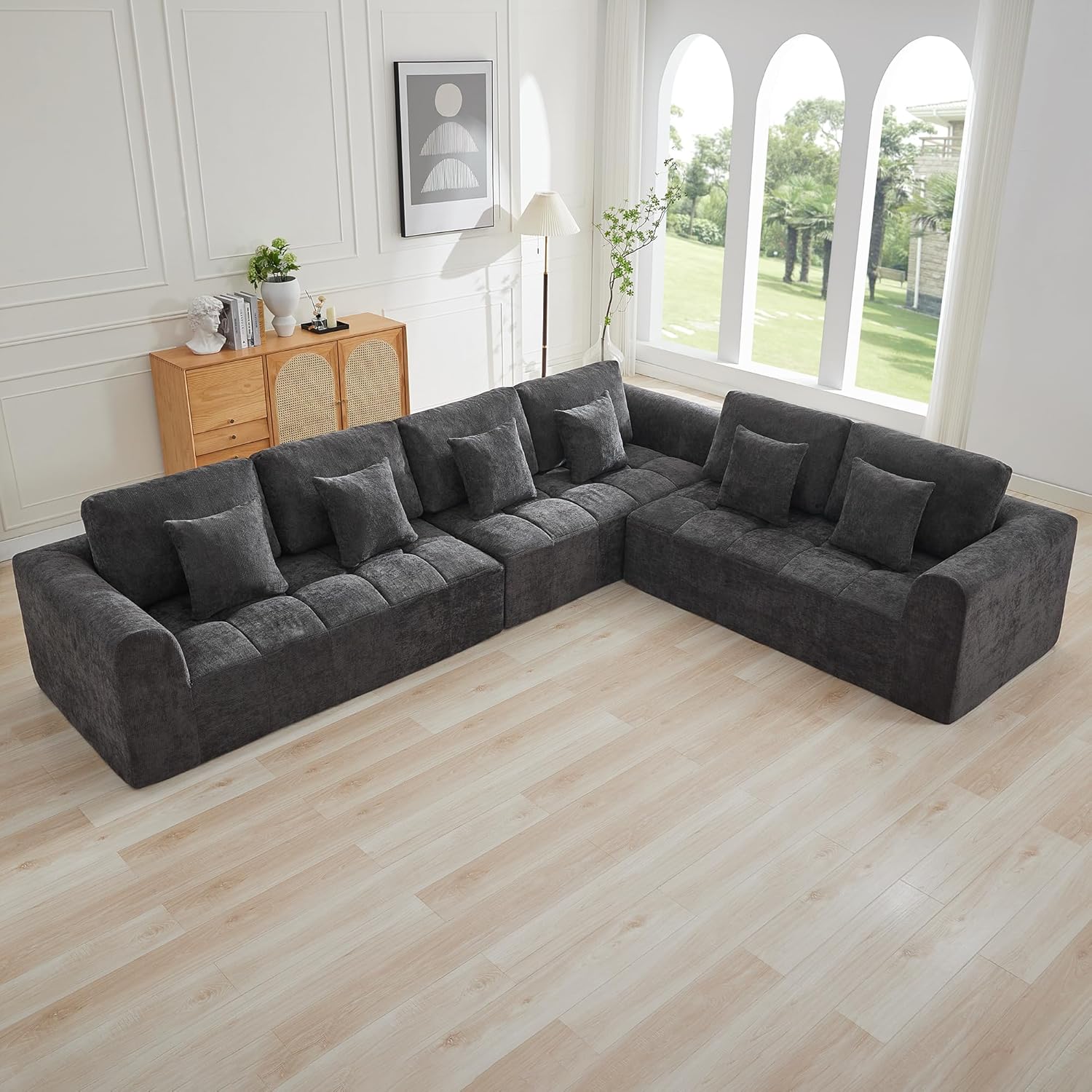 140''Modular Sectional Couches for Living Room, Cloud Boneless Compressed Sectional Sofa, Oversized U Shaped 9 Seater Upholstered Memory Foam Sofa, No Assembly, Chenille Beige
