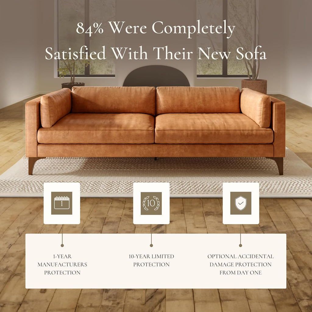 POLY & BARK Argan 93” Leather Sofa – Full-Grain Italian Aniline Leather, Feather-Down Comfort, Solid Wood Frame – Cognac Tan